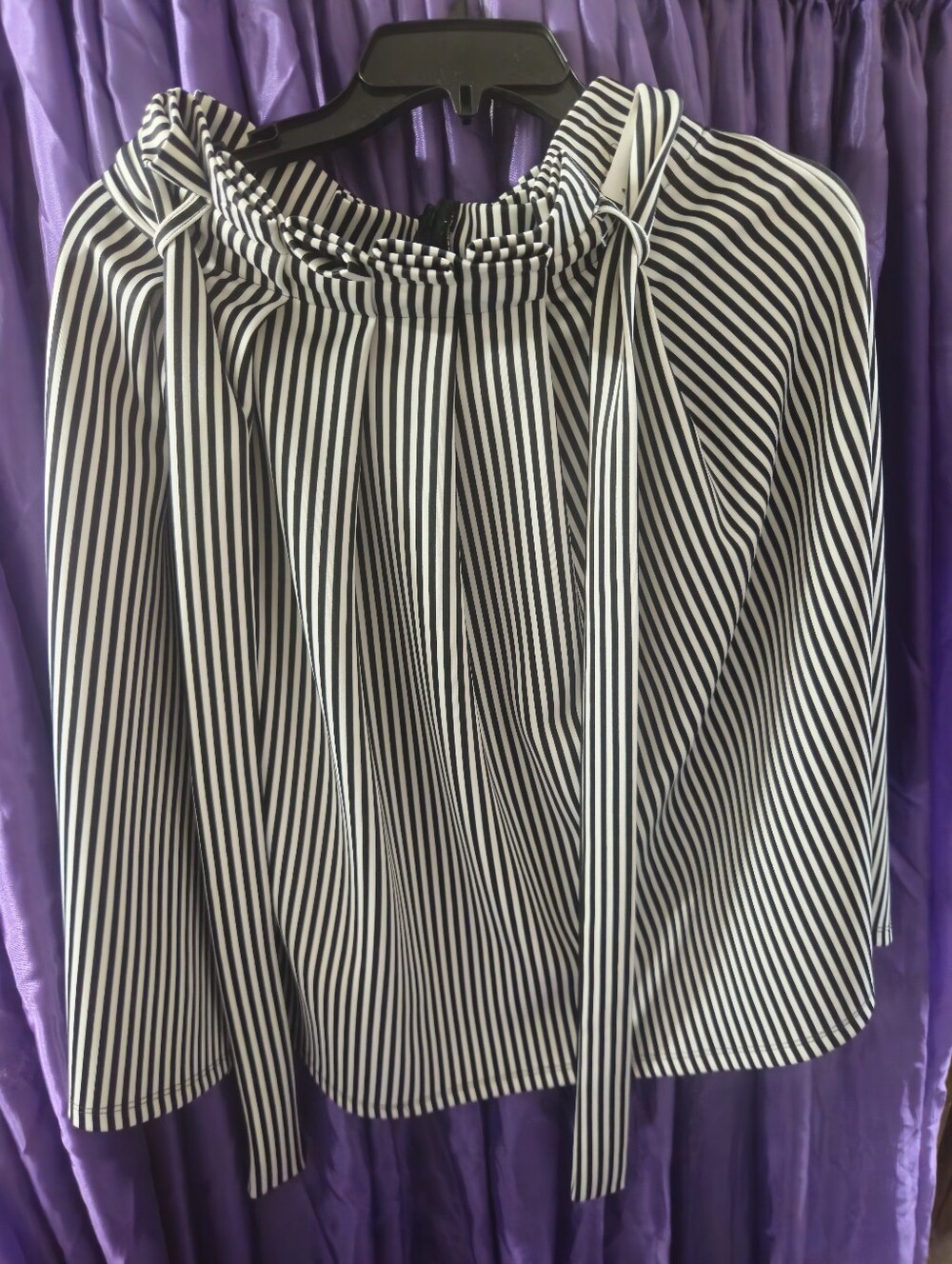 Haute Monde Black and White Striped Blouse with Tie Detail